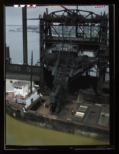Loading coal into a lake freighter at the Pennsylvania Railroad docks, Sandusky, Ohio