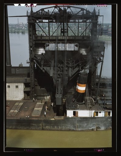 Loading coal into a lake freighter at the Pennsylvania Railroad docks, Sandusky, Ohio