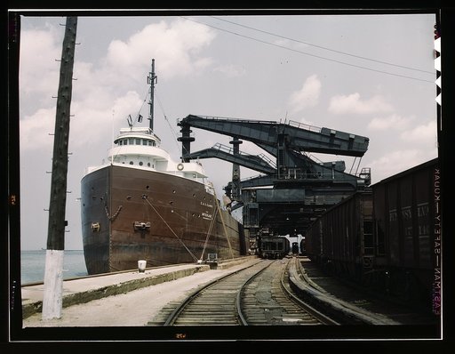 Pennsylvania R.R. ore docks, unloading ore from a lake freighter by means of "Hulett" unloaders, Cleveland, Ohio
