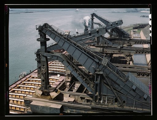 Pennsylvania R.R. ore docks, unloading ore from a lake freighter by means of "Hulett" unloaders, Cleveland, Ohio