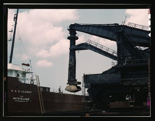 Pennsylvania R.R. ore docks, unloading ore from a lake freighter by means of "Hulett" unloaders, Cleveland, Ohio