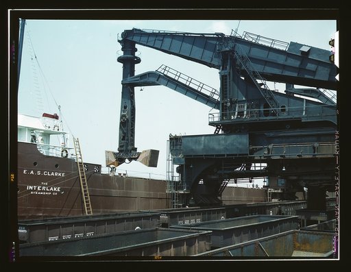Pennsylvania R.R. ore docks, unloading ore from a lake freighter by means of "Hulett" unloaders, Cleveland, Ohio