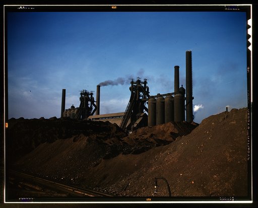 Iron ore piles and blast furnaces, Carnegie-Illinois Steel Corporation mill in Etna, Pennsylvania