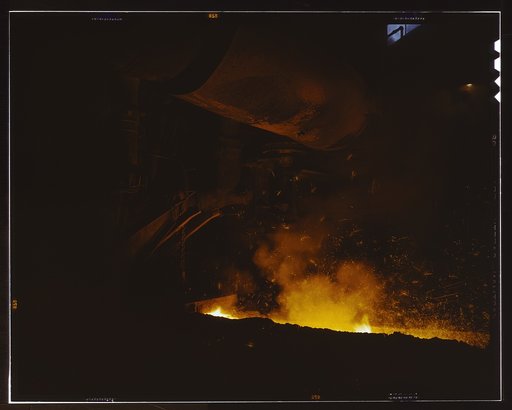 Slag run-off from open hearth furnace, Republic Steel Corp., Youngstown, Ohio
