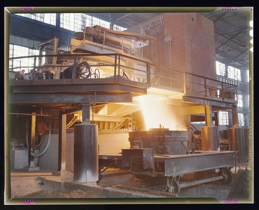 White-hot steel pours like water from a 35-ton electric furnace, Allegheny Ludlum Steel[e] Corp., Brackenridge, Pa. The finest quality steels and alloys are produced in these furnaces, which allow much greater control of temperature than other conversion furnaces. The proportion of electric furnace 