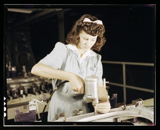 Drilling a wing bulkhead for a transport plane at the Consolidated Aircraft Corporation plant, Fort Worth, Texas