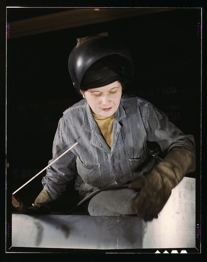 Enola O'Connell, age 32, widow and mother of one child, ex-housewife, now only woman welder at Heil and Co., Milwaukee, Wisc.