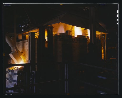 Owens-Corning Fiberglas Corp., Toledo, Ohio. Intense heat is needed to melt the inorganic ingredients of the batch from which Fiberglas insulation wool is manufactured. Twenty-four hours a day, seven days a week, this gas-fired furnace maintains the temperature required in the process