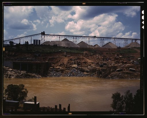 Above the construction work, the aggregate storage pile which provides crushed stone and sand, Fort Loudon [i.e., Loudoun] Dam, Tenn.