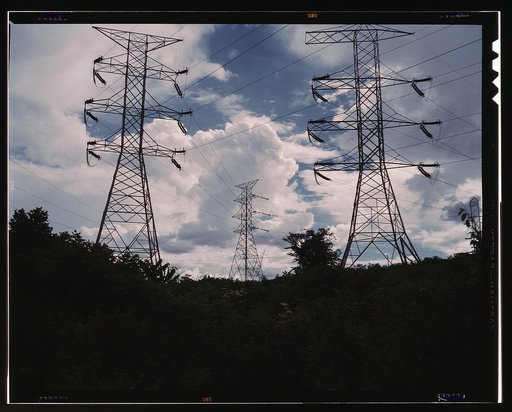 Transmission line towers and high tension lines that carry current generated at TVA's Wilson Dam hydroelectric plant, near Sheffield, Ala.
