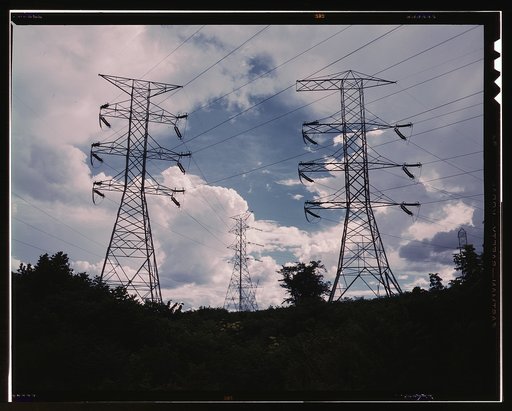 Transmission line towers and high tension lines that carry current generated at TVA's Wilson Dam hydroelectric plant, near Sheffield, Ala.