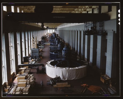 Eight generator units in the generator room of a new addition to TVA's hydroelectric plant at Wilson Dam, Sheffield vicinity, Ala. Located 260 miles above the mouth of the Tennessee River, the dam has an authorized power installation of 288,000 kw., which can be increased to a possible ultimate of 4