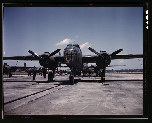 B-25 bombers lined up at North American Aviation, Incorporated, almost ready for their first test flight, Kansas City, Kansas