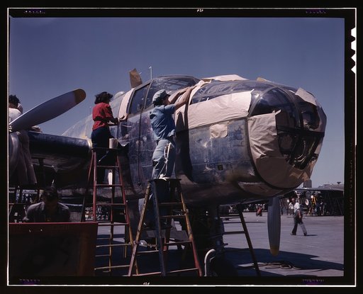North American B-25 bomber is prepared for painting on the outside assembly line, N[orth] A[merican] Aviation, Inc., Inglewood, Calif.