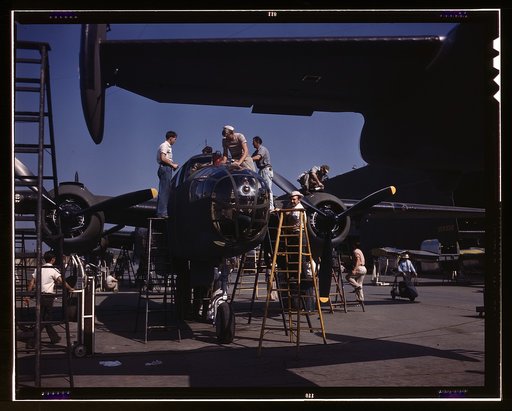 On North American's outdoor assembly line, employees rush a B-25 to completion, N[orth] A[merican] Aviation, Inglewood, Calif.