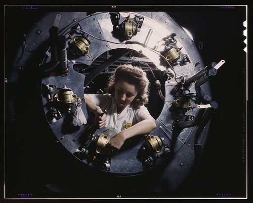 Part of the cowling for one of the motors for a B-25 bomber is assembled in the engine department of North American [Aviation, Inc.]'s Inglewood, Calif., plant