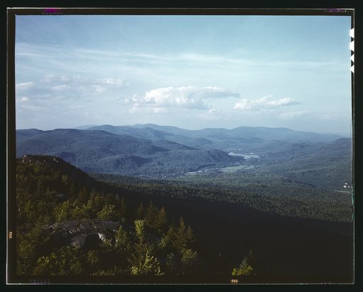 A view looking northeast from the fire tower manned by Barbara Mortensen, a fire and airplane lookout on Pine Mountain, Gorham vicinity, N.H.
