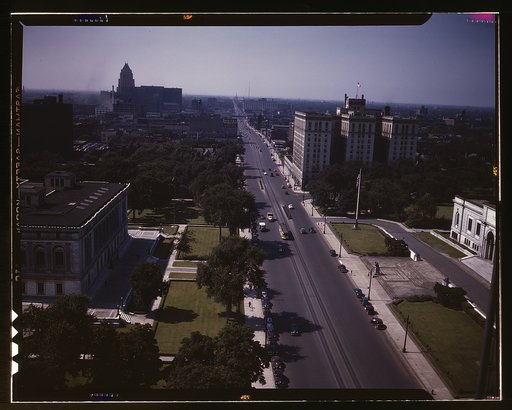 Looking north on Woodward Ave., from the Maccabee[s] Building with the Fisher Building at the far left, and the Wardell Hotel at the middle right, Detroit, Mich.