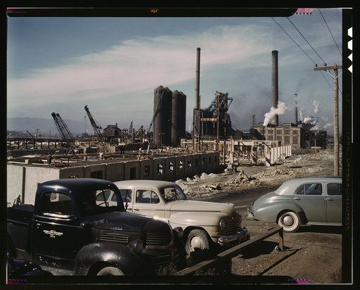 Steel and concrete go into place rapidly as a new steel mill takes form, Columbia Steel Co., Geneva, Utah. The new plant will make important additions to the vast amount of steel needed for the war effort