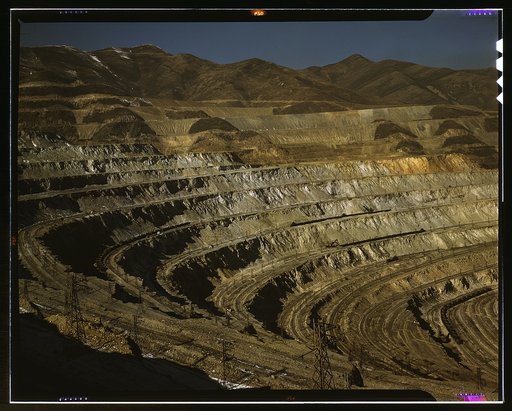 View of the Utah Copper Company open-pit mine workings at Carr Fork, as seen from the railroad, Bingham Canyon, Utah