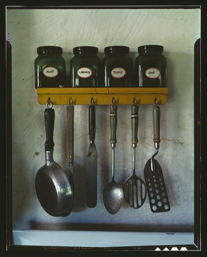 Birmingham (near Detroit), Michigan. Kitchen utensils hanging below a spice rack with mint, caraway, thyme, and sage jars