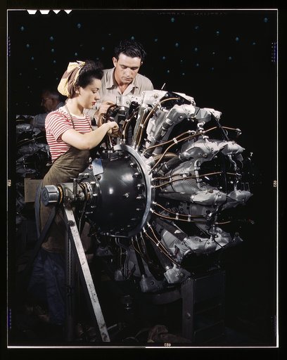 Women are trained as engine mechanics in thorough Douglas training methods, Douglas Aircraft Company, Long Beach, Calif.