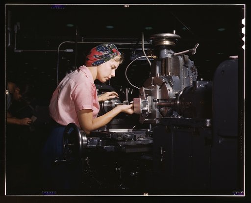 Women become skilled shop technicians after careful training in the school at the Douglas Aircraft Company plant, Long Beach, Calif. Most important of the many types of aircraft made at this plant are the B-17F ("Flying Fortress") heavy bomber, the A-20 ("Havoc") assault bomber and the C-47 heavy tr