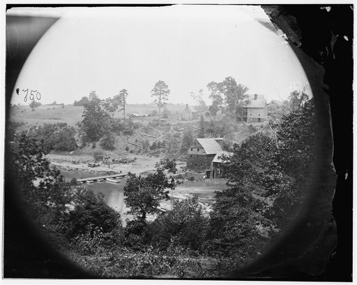 Jericho Mills, Virginia. Looking up North Anna river from south bank, canvas pontoon bridge and pontoon train on opposite bank, May 24, 1864