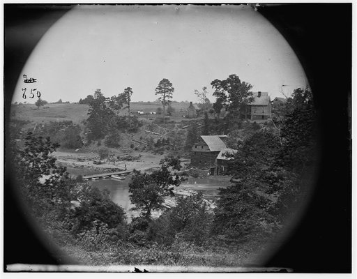 Jericho Mills, Virginia. Looking up North Anna river from south bank, canvas pontoon bridge and pontoon train on opposite bank, May 24, 1864