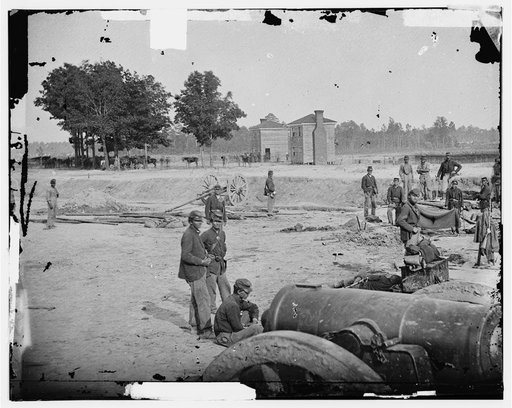 Seven Pines, Va. Twin houses on battlefield, with 32-pdr. field howitzer in foreground