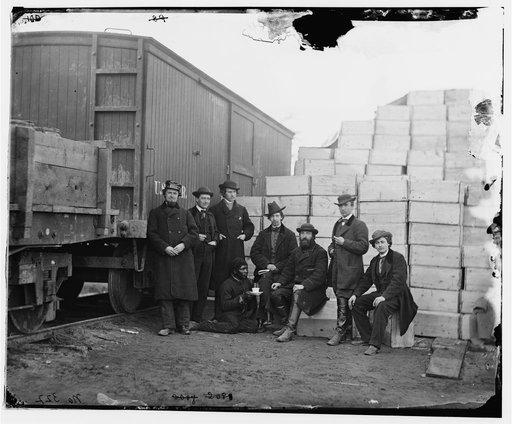 Aquia Creek Landing, Va. Clerks of the Commissary Depot by railroad car and packing cases