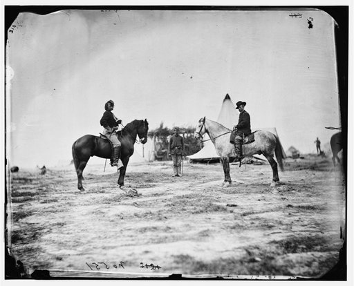 Falmouth, Va. Capt. George A. Custer and Gen. Alfred Pleasonton on horseback