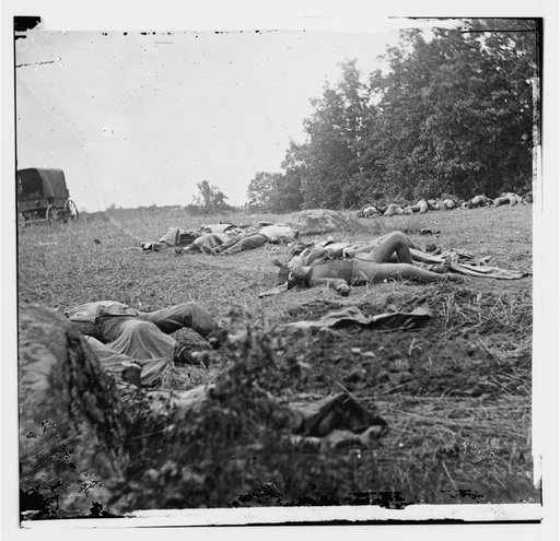 Gettysburg, Pa. Confederate dead gathered for burial at the edge of the Rose woods, July 5, 1863
