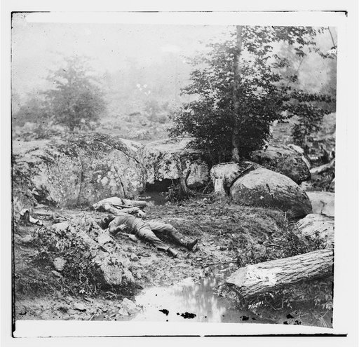 Gettysburg, Pa. Dead Confederate soldiers in the "slaughter pen" at the foot of Little Round Top