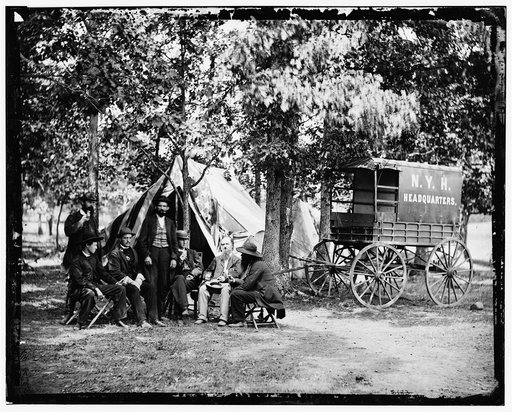 Bealeton, Va. Group at tent and wagon of the New York Herald