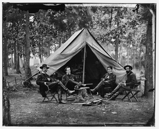 Brandy Station, Va. Col. George H. Sharpe, John G. Babcock, unidentified, and Lt. Col. John McEntee, Secret Service officers at Army of the Potomac headquarters