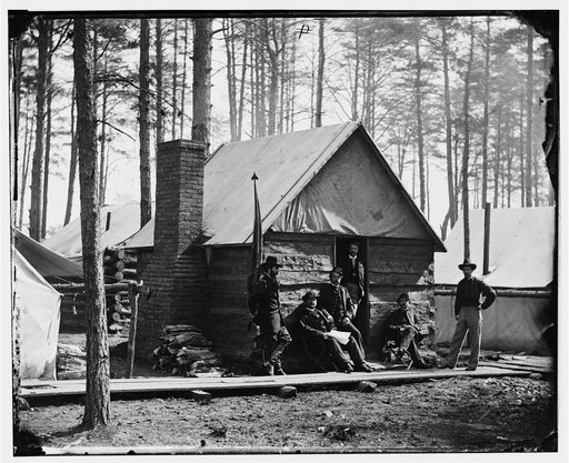 Brandy Station, Va. Officers in front of winter quarters at Army of the Potomac headquarters