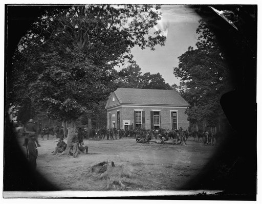 Massaponax Church, Va. View of the church, temporary headquarters of Gen. Ulysses S. Grant, surrounded by soldiers