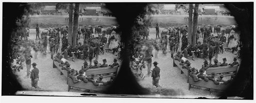 Massaponax Church, Va. "Council of War": Gen. Ulysses S. Grant (left end of bench nearest tree) writing a dispatch