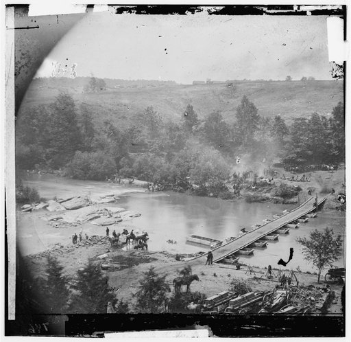 Jericho Mills, Va. Canvas pontoon bridge across the North Anna, constructed by the 50th New York Engineers; the 5th Corps under Gen. Gouverneur K. Warren crossed here on the 23d. View from the north bank
