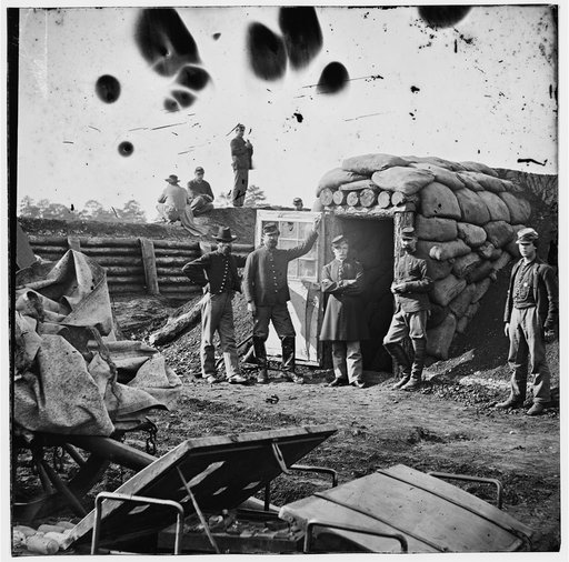 Fort Burnham, Va. (the former Confederate Fort Harrison). Federal soldiers in front of bomb-proof headquarters