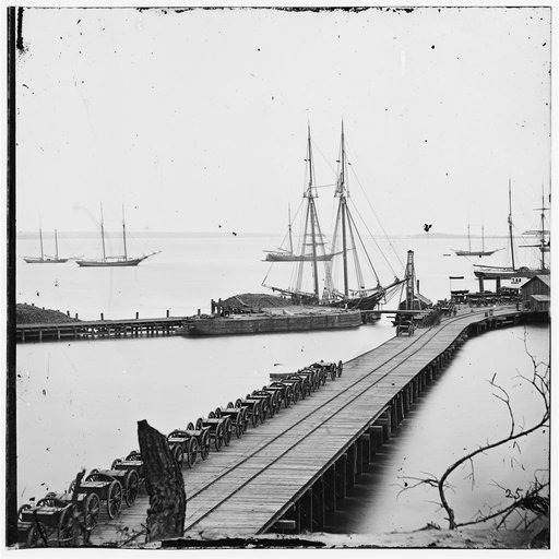 City Point, Va. Wharf, Federal artillery, and anchored schooners