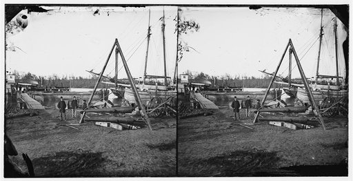 Broadway Landing, Va. Tripod artillery swing by the Appomattox