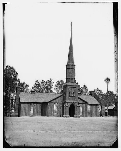 Poplar Grove, Va. Log church built by the 50th New York Engineers, with the engineer insignia above the door