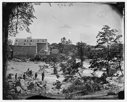 Petersburg, Va., vicinity. Johnson's Mill on the Appomattox near Campbell's Bridge; soldiers standing on rocks in the stream