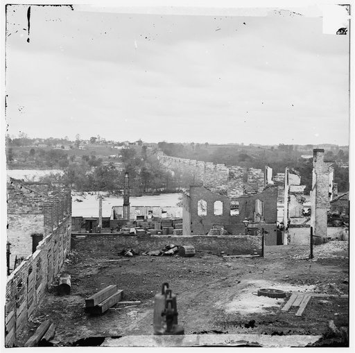 Richmond, Va. Ruins of Richmond & Petersburg Railroad bridge; south bank of the James beyond