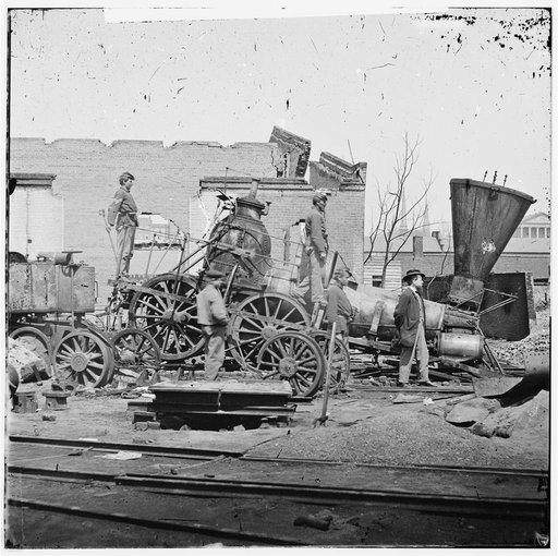 Richmond, Va. Crippled locomotive, Richmond & Petersburg Railroad depot