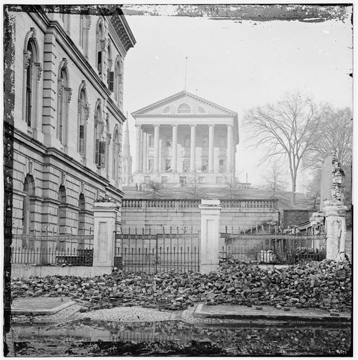 Richmond, Va. Custom House (left) and Capitol (center); rubble in street