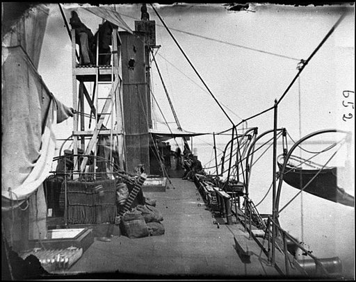 James River, Va. Deck of iron-clad gunboat Galena, showing stack damaged by fire from Fort Darling, May 15, 1862