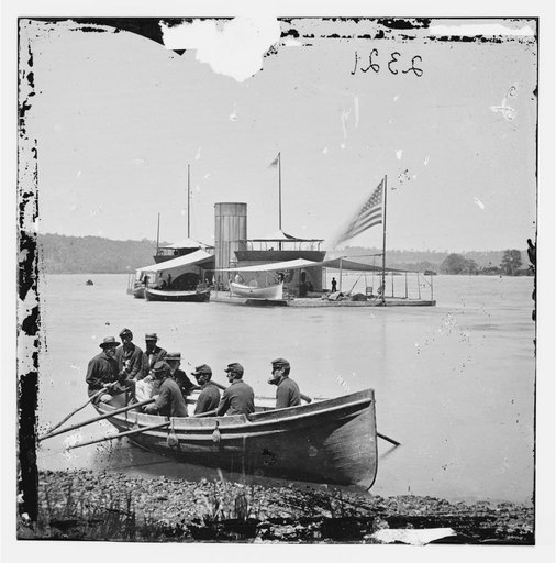 James River, Va. Monitor U.S.S. Onondaga; soldiers in rowboat in foreground